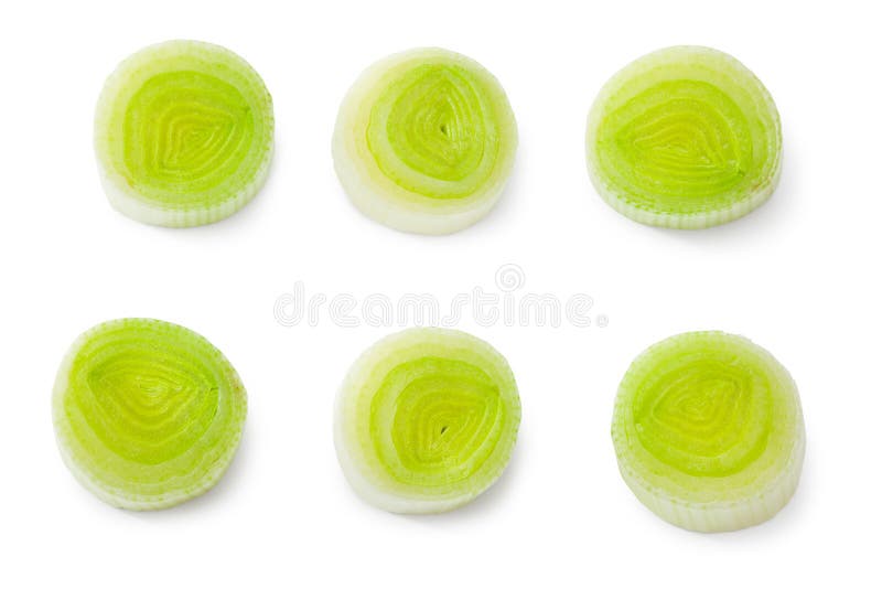 Sliced leek isolated on white background. with clipping path. top view stock images