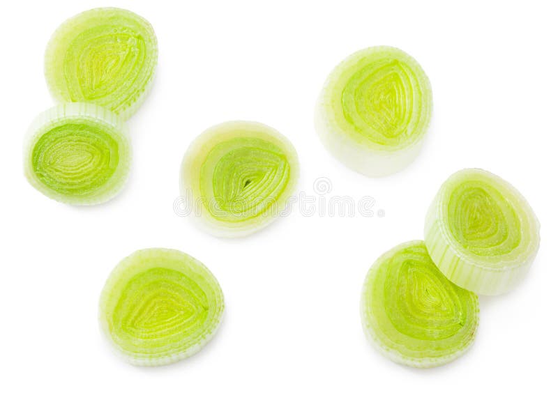 Sliced leek isolated on white background. with clipping path. top view stock image