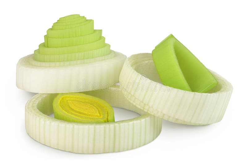 Sliced Leek vegetable isolated on white background with full depth of field stock image