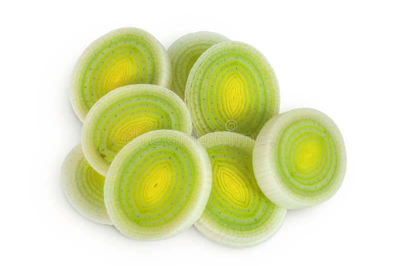 Sliced Leek vegetable isolated on white background. Top view. Flat lay royalty free stock images
