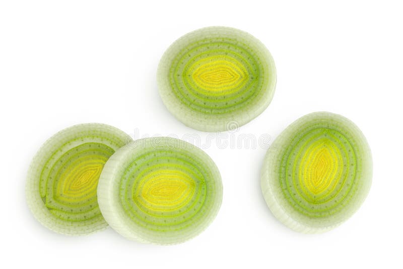 Sliced Leek vegetable isolated on white background. Top view. Flat lay stock photos