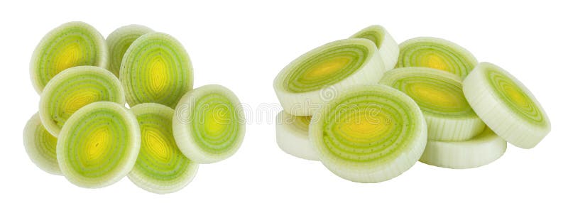 Sliced Leek vegetable isolated on white background. Top view. Flat lay royalty free stock photo