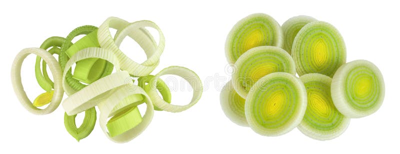 Sliced Leek vegetable isolated on white background. Top view. Flat lay stock photos