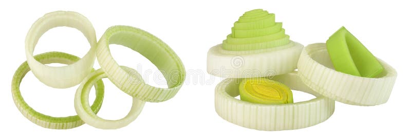 Sliced Leek vegetable isolated on white background. Top view. Flat lay royalty free stock images