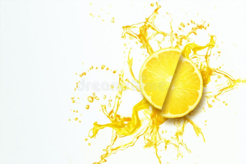 Sliced lemon in a splash of yellow lemon juice top view. Concept for fruit background, food, freshness. 3D illustration, 3D render