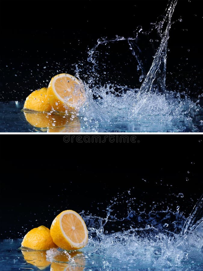 Sliced lemon in the splash water on black background