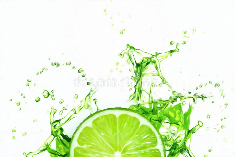 Sliced lime in a splash of juice top view. Concept for fruit background, food, freshness. 3D illustration, 3D render