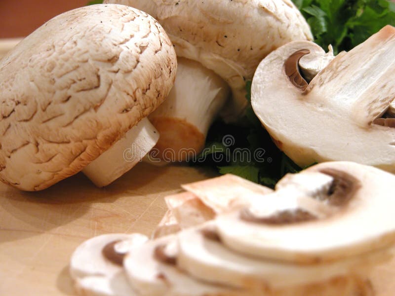 Sliced mushrooms. Ingredients - sliced mushrooms and fresh green parsley royalty free stock image