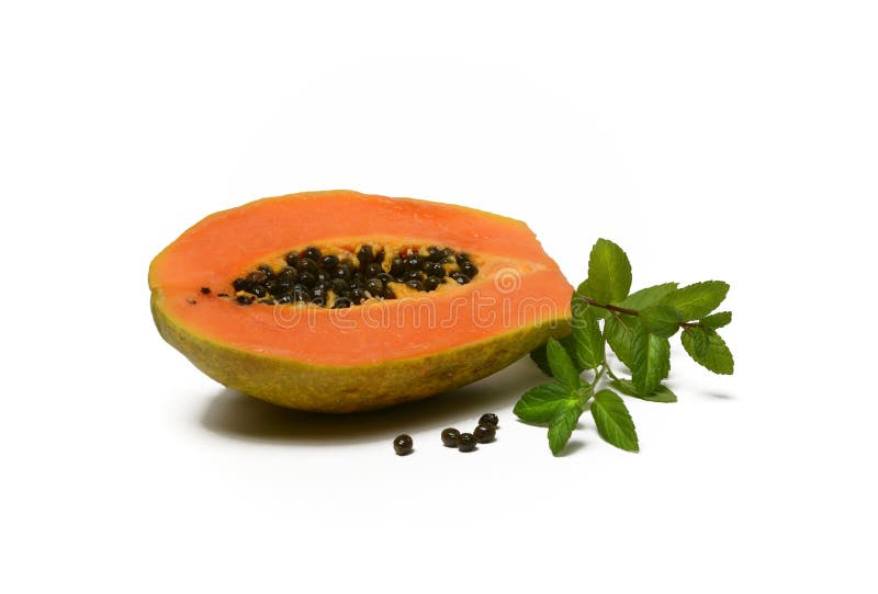 Sliced Papaya with Mint Leaves White Background Stock Photo Image
