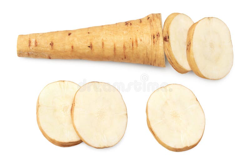 Sliced parsnip root isolated on white background. clipping path royalty free stock photo
