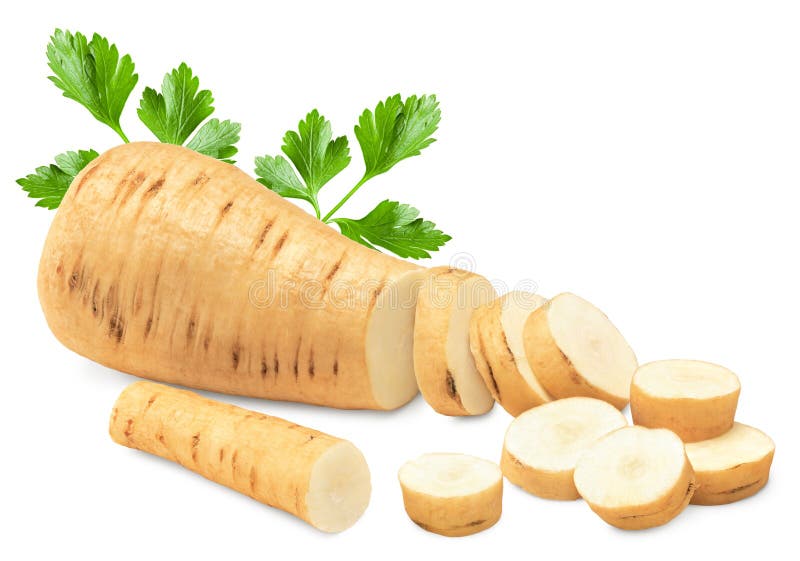 Sliced parsnip root isolated on white background. clipping path stock photo