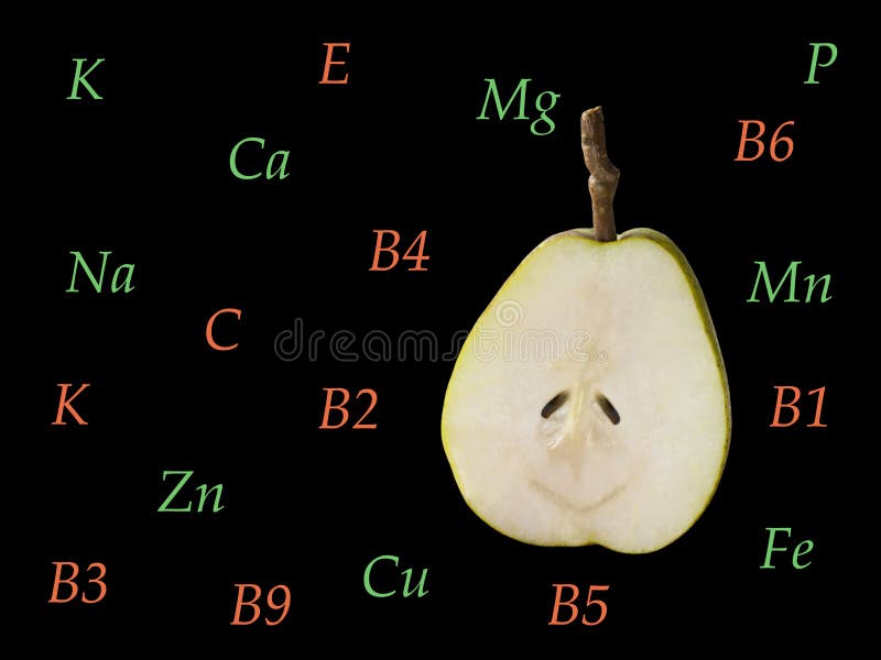 Sliced pear with a set of trace elements and vitamins stock photography