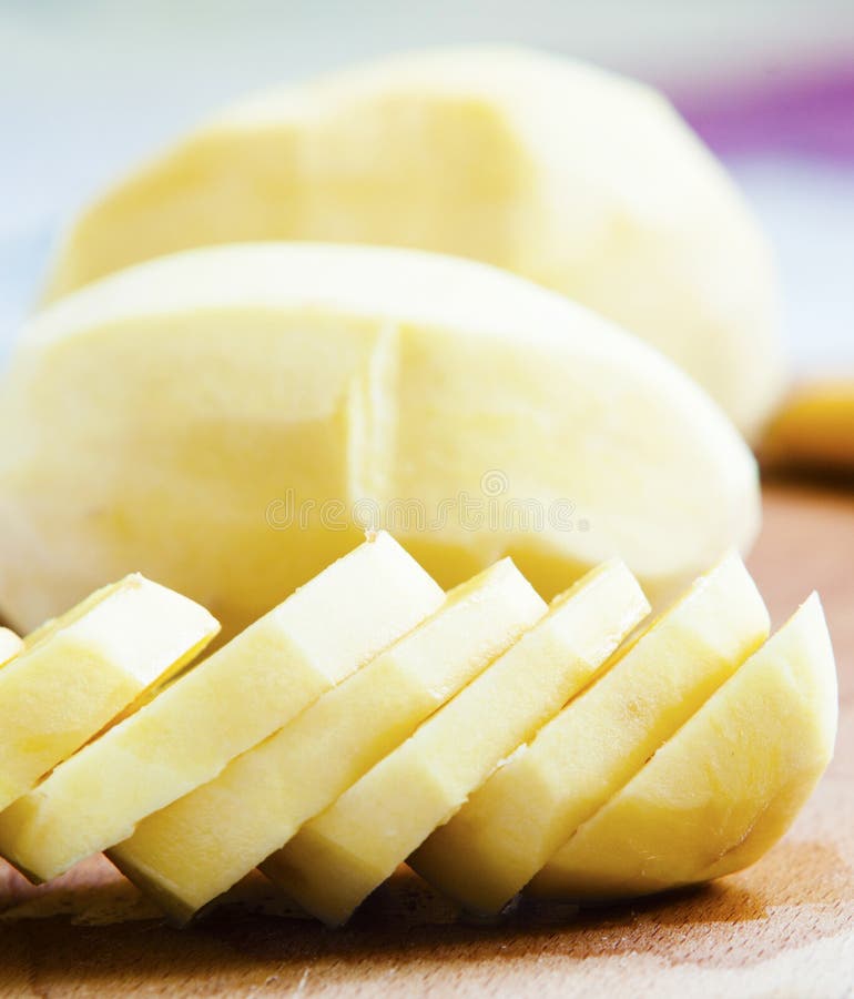 Sliced peeled potatoes