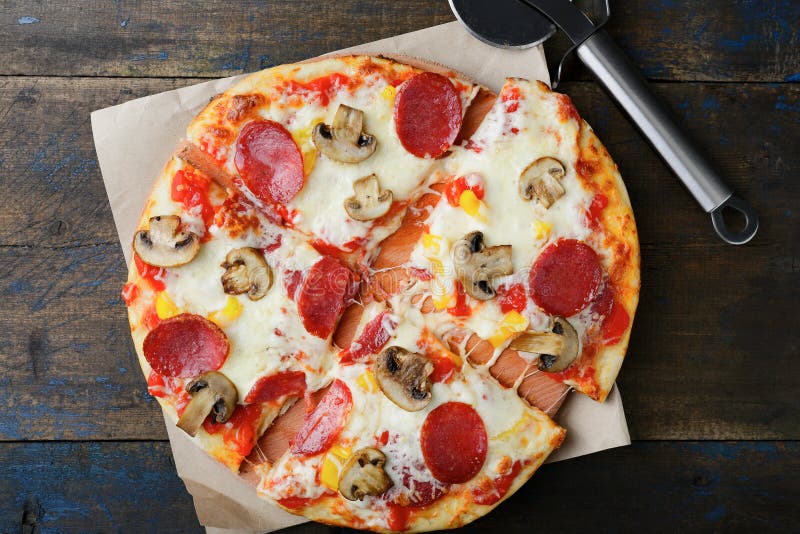 Sliced Pepperoni Pizza with Cheese and Mushrooms Stock Image Image of board, snack 73491885