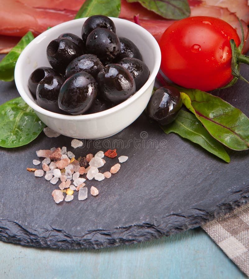 Sliced Prosciutto with Salad and Olive Stock Image Image of pink, color 49586061