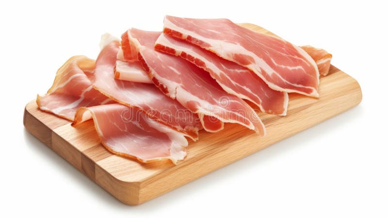 Sliced prosciutto on a wooden board isolated on white. Generative AI. stock illustration