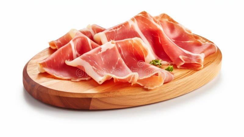 Sliced prosciutto on a wooden board isolated on white. Generative AI. stock illustration