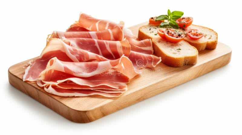 Sliced prosciutto on a wooden board isolated on white. Generative AI. royalty free illustration