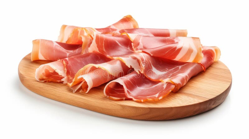 Sliced prosciutto on a wooden board isolated on white. Generative AI. stock illustration