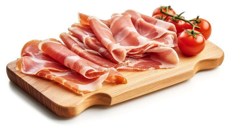 Sliced prosciutto on a wooden board isolated on white. Generative AI. vector illustration