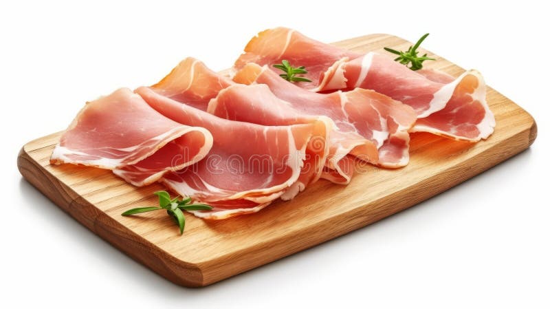 Sliced prosciutto on a wooden board isolated on white. Generative AI. stock illustration