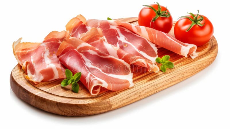 Sliced prosciutto on a wooden board isolated on white. Generative AI. royalty free illustration