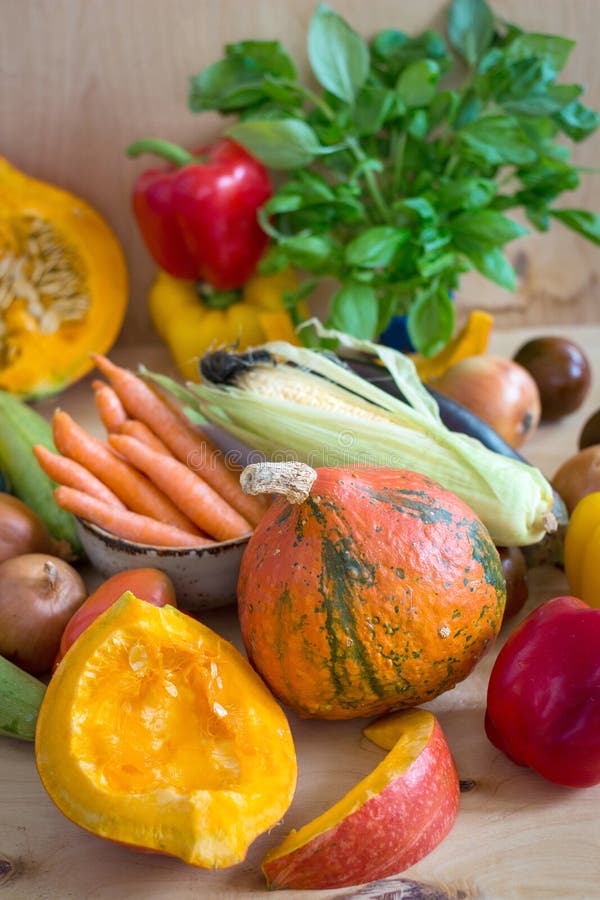 Sliced pumpkin and assorted vegetables