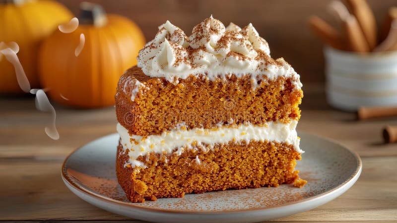 Sliced pumpkin cake with cream topping and cinnamon sticks against rustic fall background stock footage