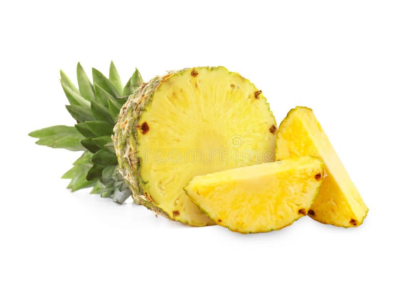 Sliced ripe pineapple isolated on white. Exotic fruit stock photo