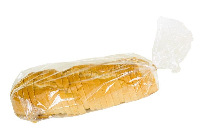 Sliced rustic French bread in plastic bag; isolated, clipping path included