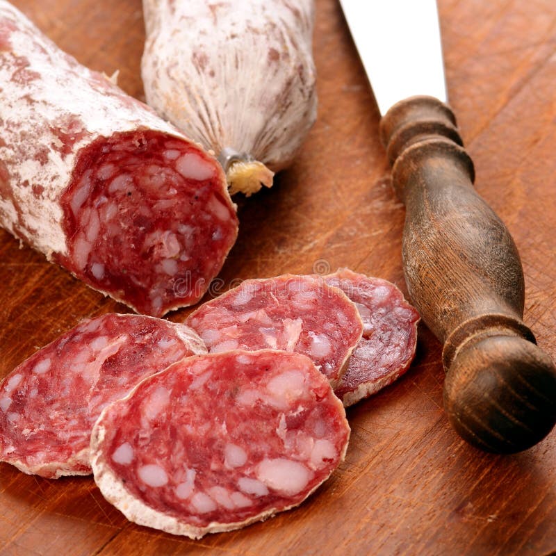 Sliced salami stock photo. Image of tasty, french, green 19540062