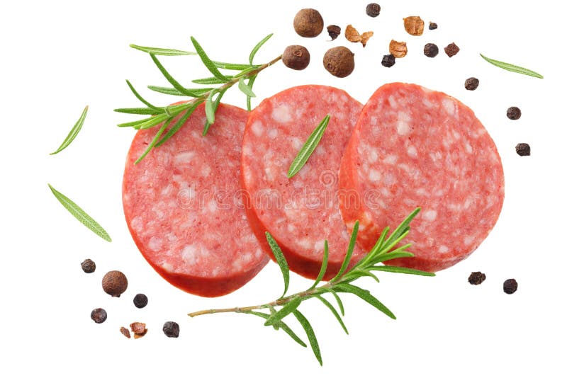 sliced sausage salami with rosemary and peppercorns isolated on white background. top view stock images sliced sausage salami with rosemary and peppercorns isolated on white background. top view stock images