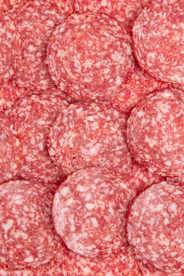 Sliced Salami Sausage Background Texture Close Up Stock Photo Image