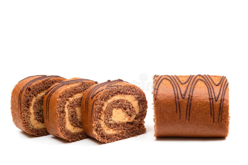 Sliced Sponge Roll with Chocolate Filling on a White Background Stock