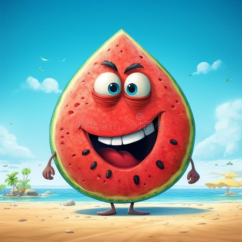 Sliced watermelon character in summer beach background ai generated