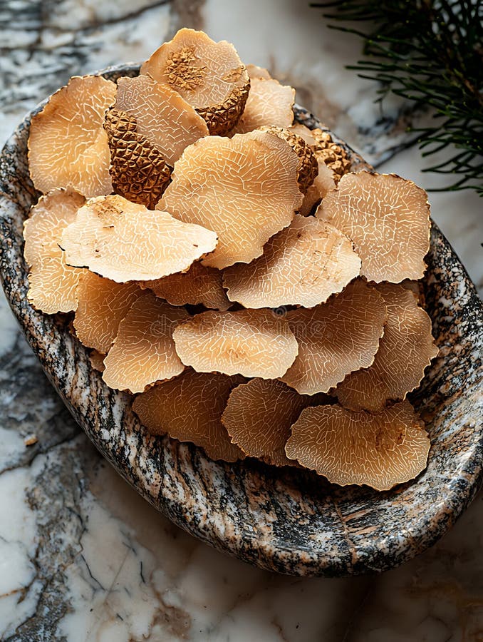Sliced white truffles in a stone bowl on a marbled surface stock illustration