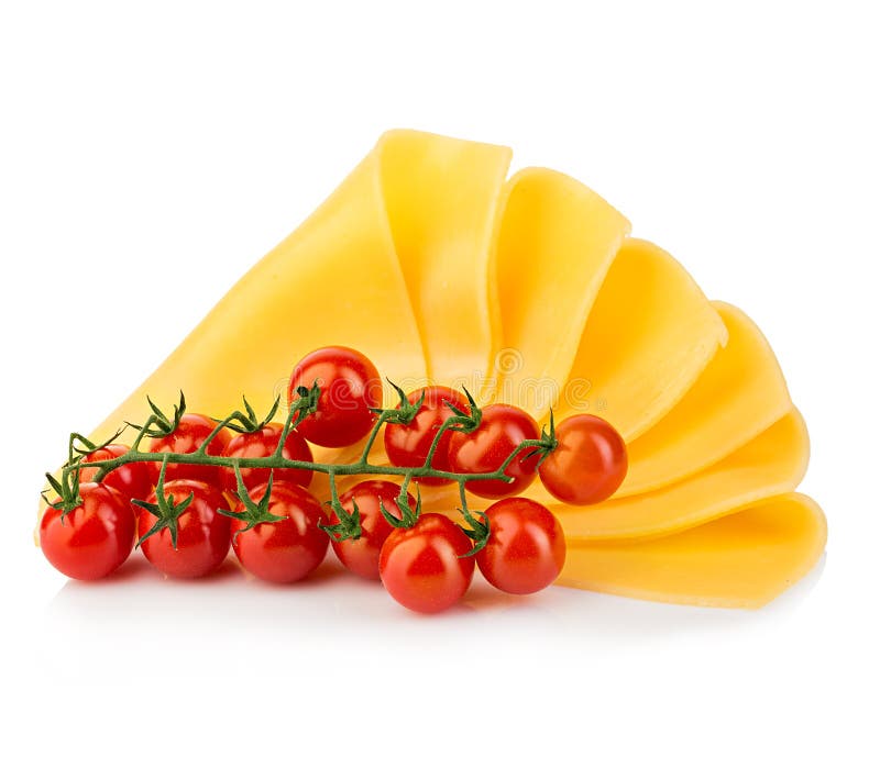 Slices of cheese with cherry tomatoes close-up isolated on a white background.