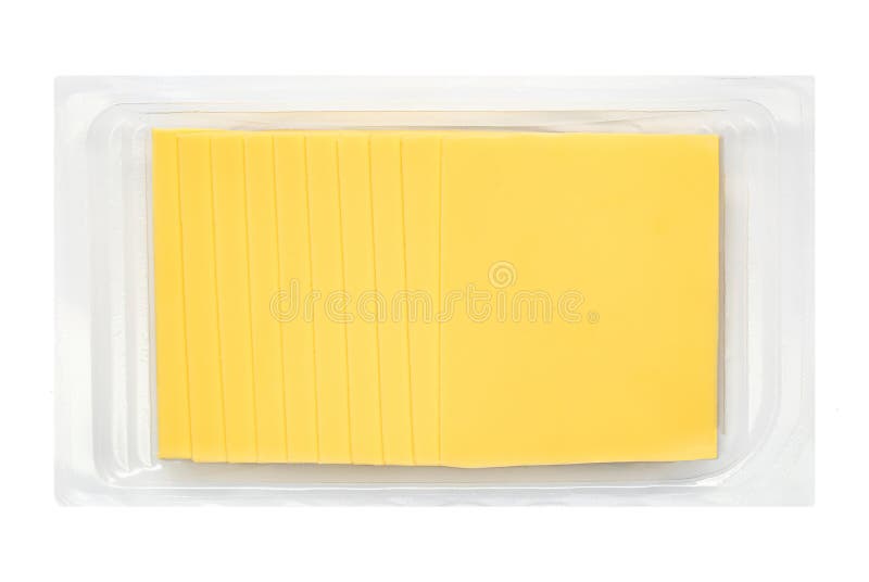 Slices of cheese for sandwiches  isolated on white background in a package, top view. Cutted cheese closeup