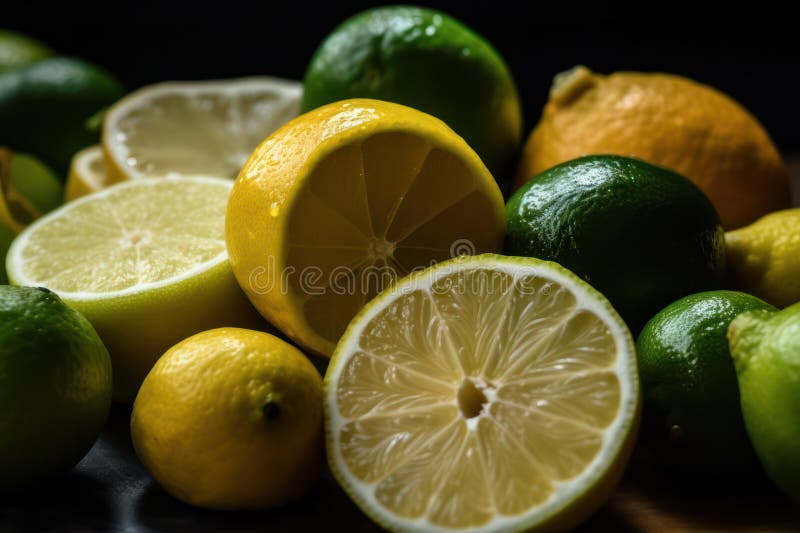 Slices of fresh juicy yellow lemons and limes on a table