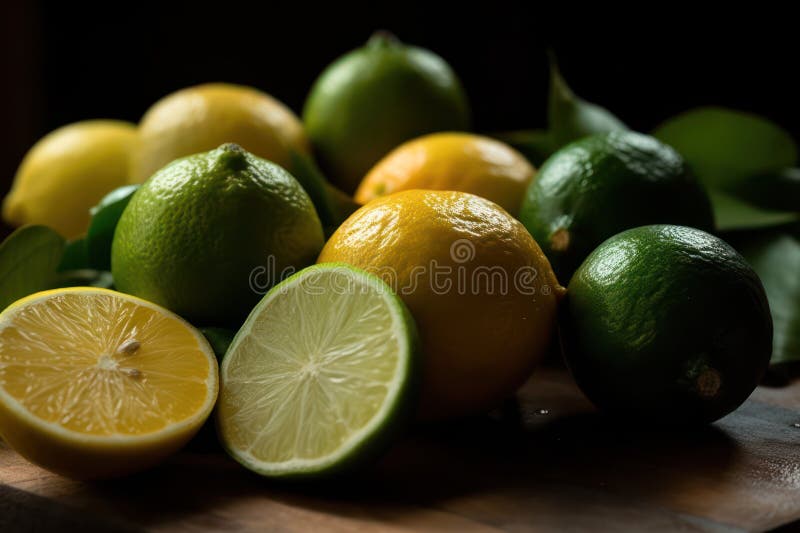 Slices of fresh juicy yellow lemons and limes on a table