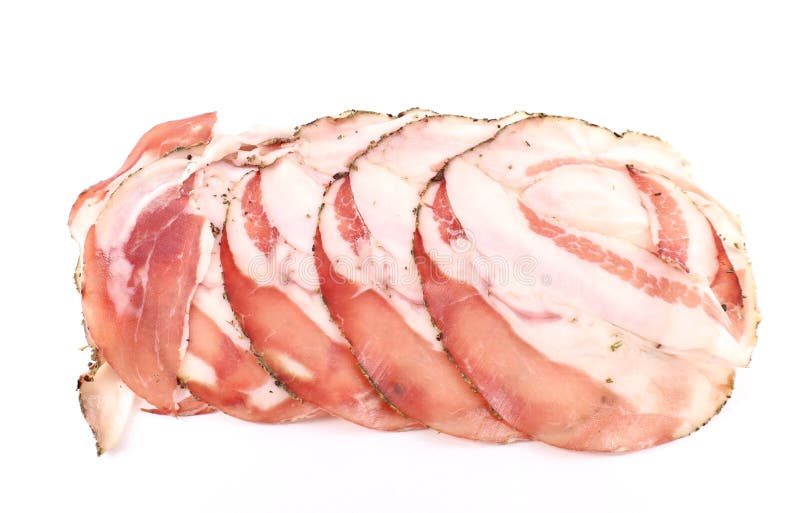Slices of Guanciale, Italian Cured Meat Made from Pork Jowl, on White