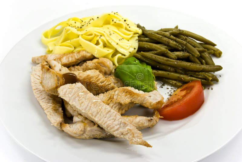 Slices of pork with green beans