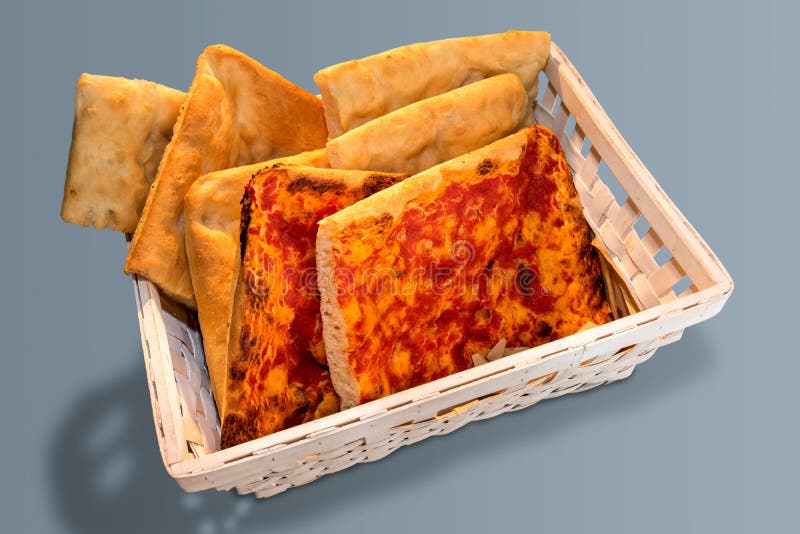Slices of red pizza and focaccia stock photos