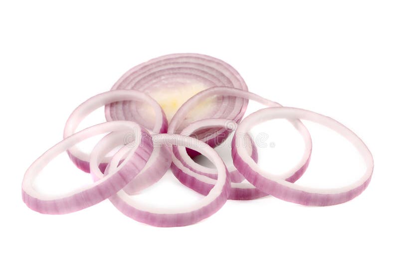 Slices and rings of red onion.