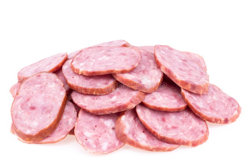 Slices of Salami Sausages Isolated on a White Background. Stock Photo