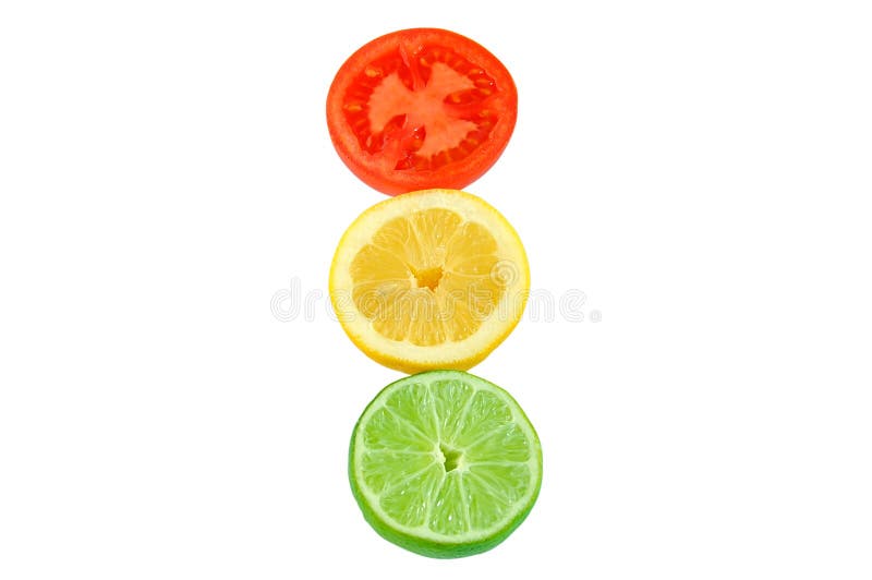 Slices of tomato, lemon and lime.