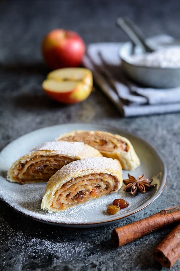 Traditional apple roulade with raisins and cinnamon