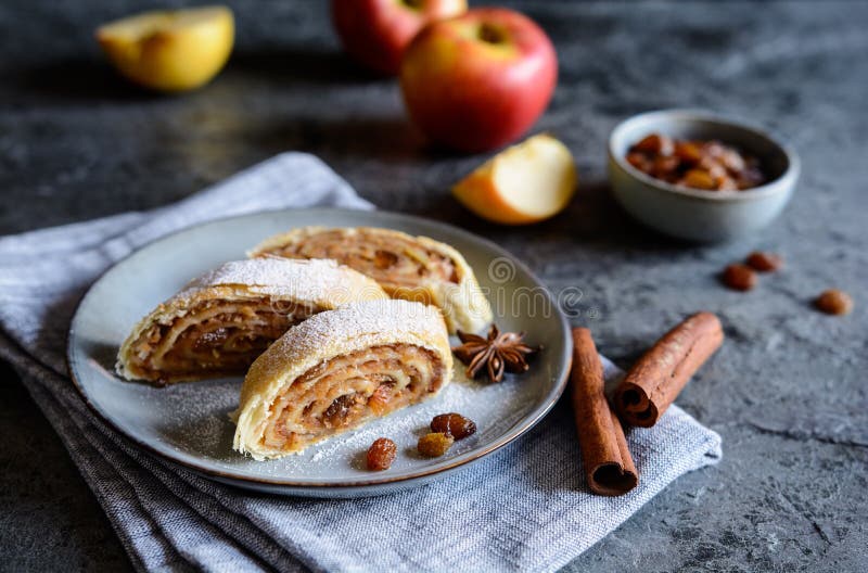 Traditional apple roulade with raisins and cinnamon