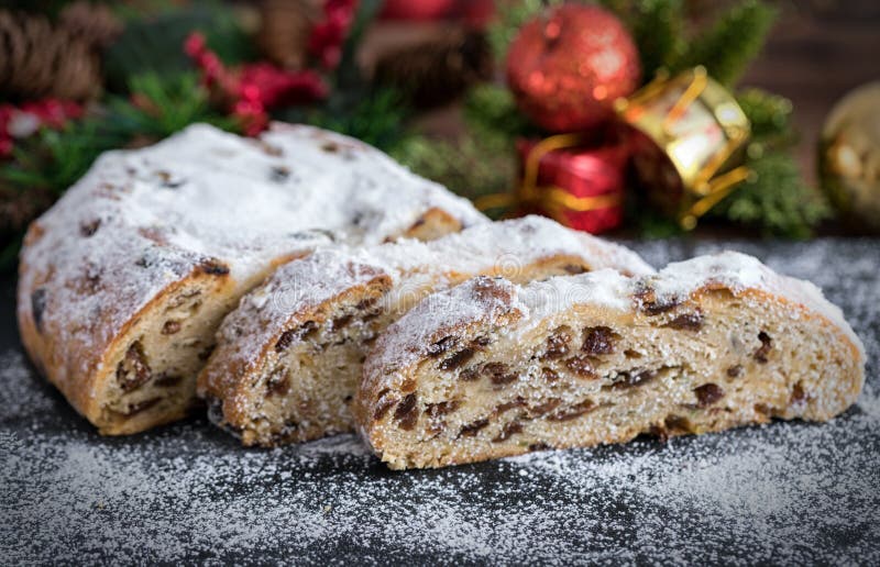 Slices of Traditional, German Christmas Stollen Cake Stock Photo