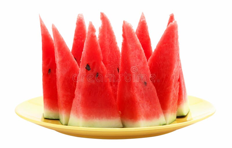 Slices of watermelon on yellow plate isolated on white background